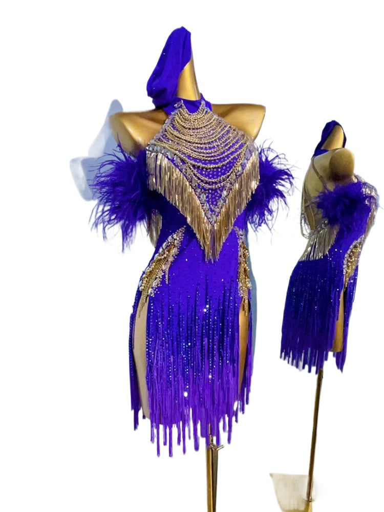Custom Size Violet Feather Competition Latin Dance Dresses for Women Girls Salsa Rumba Chacha Outfits - Moderndancedress.com