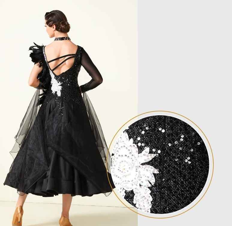 Custom Size Black Sequin Feather Competition Ballroom Dance Dress Glitter Waltz Tango Gown