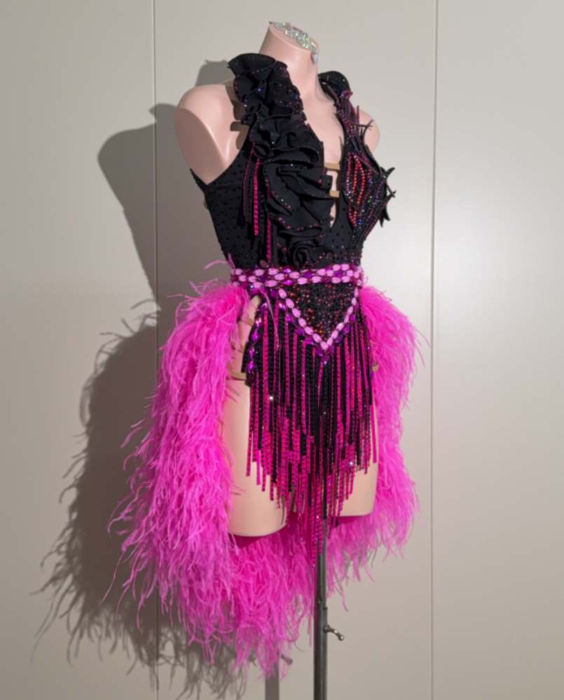 Custom Black & Hot Pink Latin Dance Dress with Feathers and Rhinestone Fringe