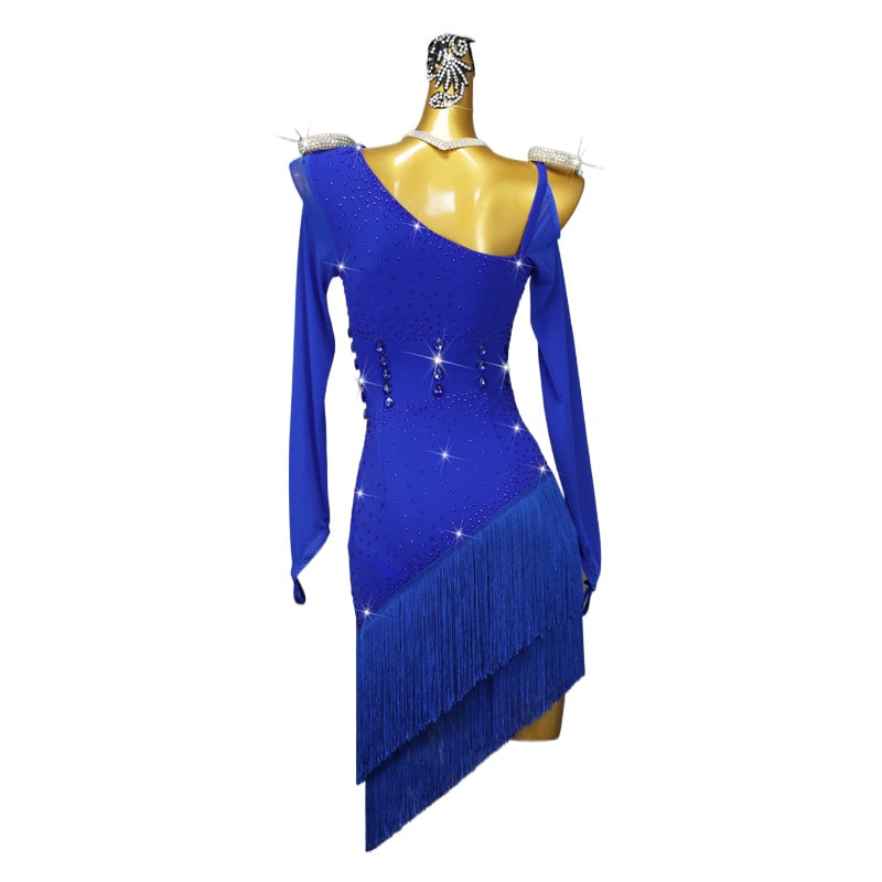 Royal Blue Fringe Competition Latin Dance Dresses for Women Girls Slant Neck One Shoulder Professional Rhythm Cha Cha Jive Salsa Stage Performance Costumes