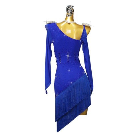 Royal Blue Fringe Competition Latin Dance Dresses for Women Girls Slant Neck One Shoulder Professional Rhythm Cha Cha Jive Salsa Stage Performance Costumes