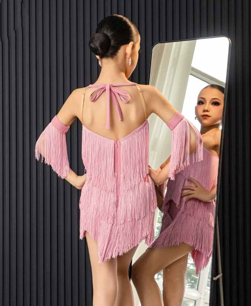 Girls Latin Dress Red Pink Fringe Flowers Haler Neck Salsa Ballroom Performance Clothes