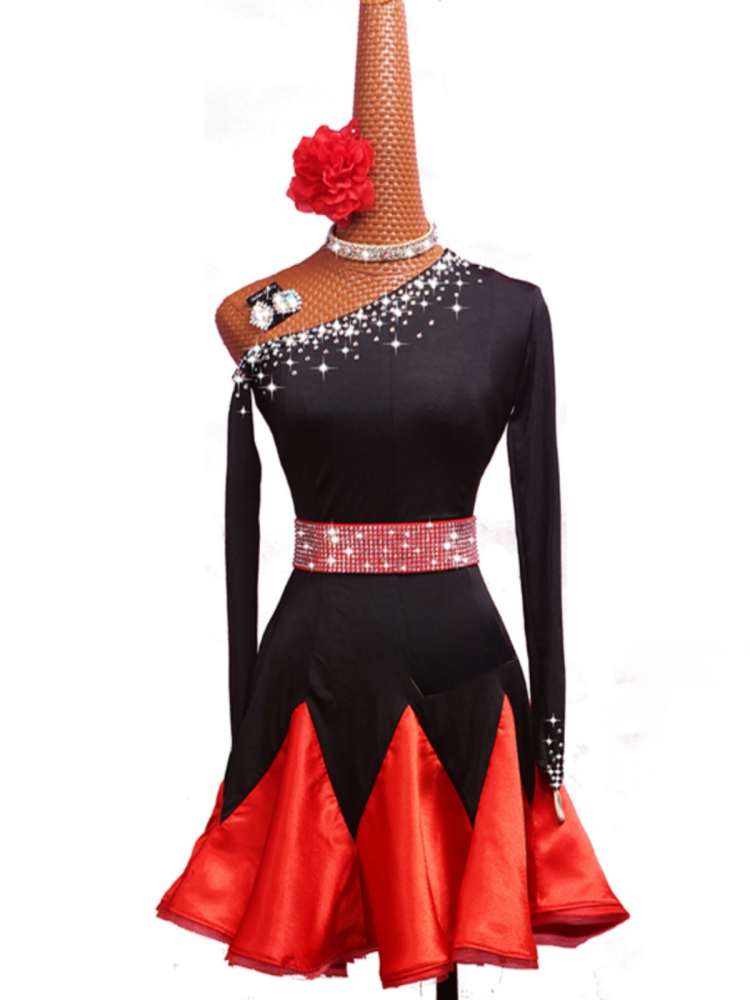 Black red Latin dance dresses for women girls kids slanted neck latin ballroom salsa rumba floral diamond dance skirt performance wear - Moderndancedress.com