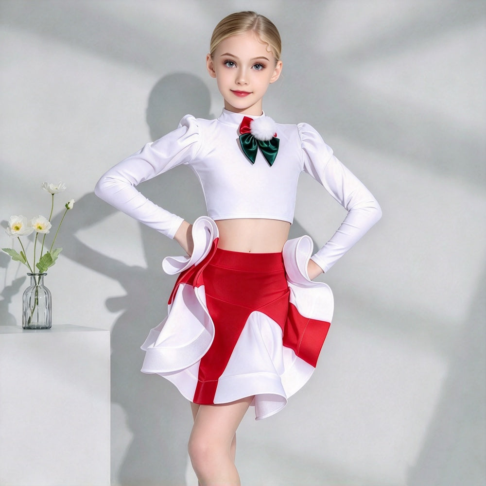 Girls Christmas Latin Dance Dress - Kids Salsa Rave Party Performance Costume