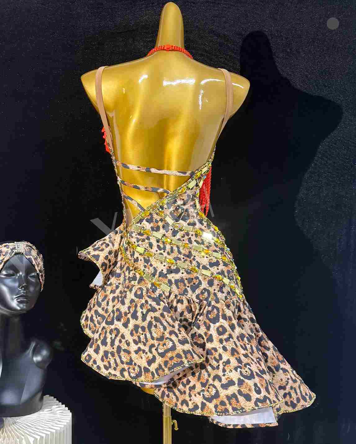 Custom Size Women's Leopard Latin Dance Dress Salsa Chacha Dance Inclined Skirts