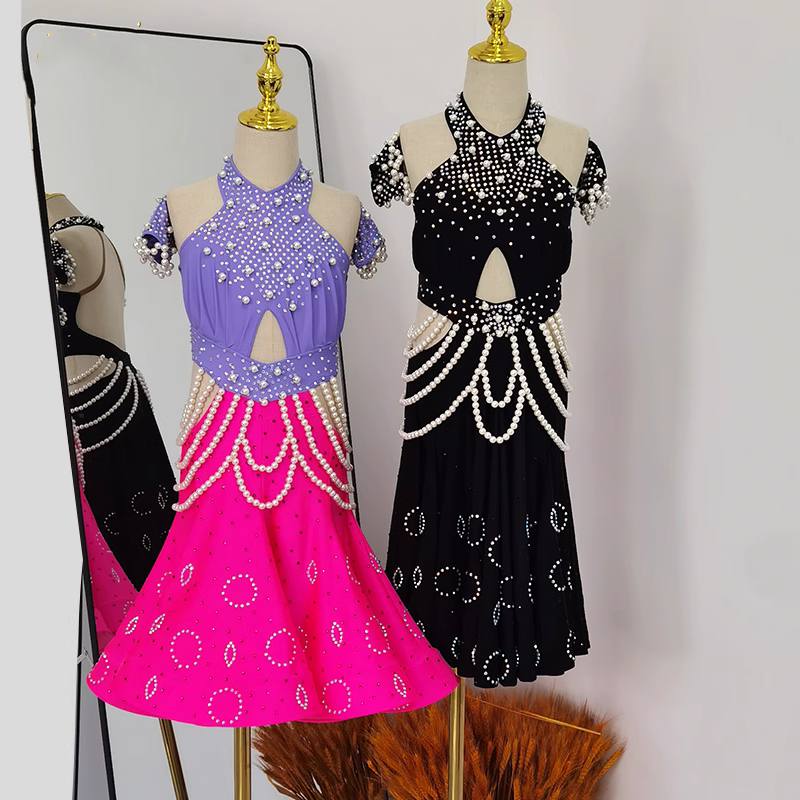 Girls Latin Dance Dresses for Kids Purple Black Pearls Diamond Salsa Rumba Chacha Performance Costumes