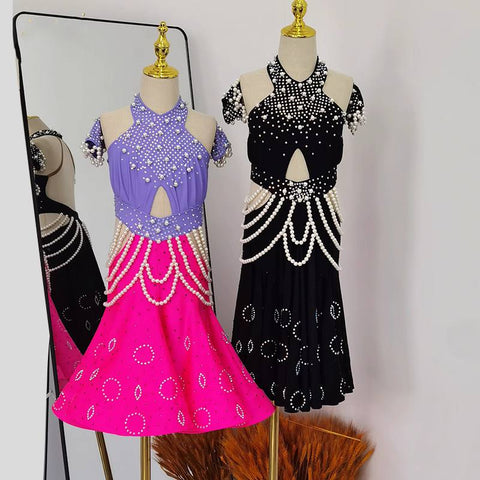 Girls Latin Dance Dresses for Kids Purple Black Pearls Diamond Salsa Rumba Chacha Performance Costumes