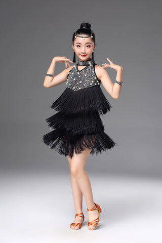 Girls Latin Dance Dresses Children's Professional Latin dance performance clothes girls' bright diamond fringe Latin dance skirt children's Latin competition clothing - Moderndancedress.com