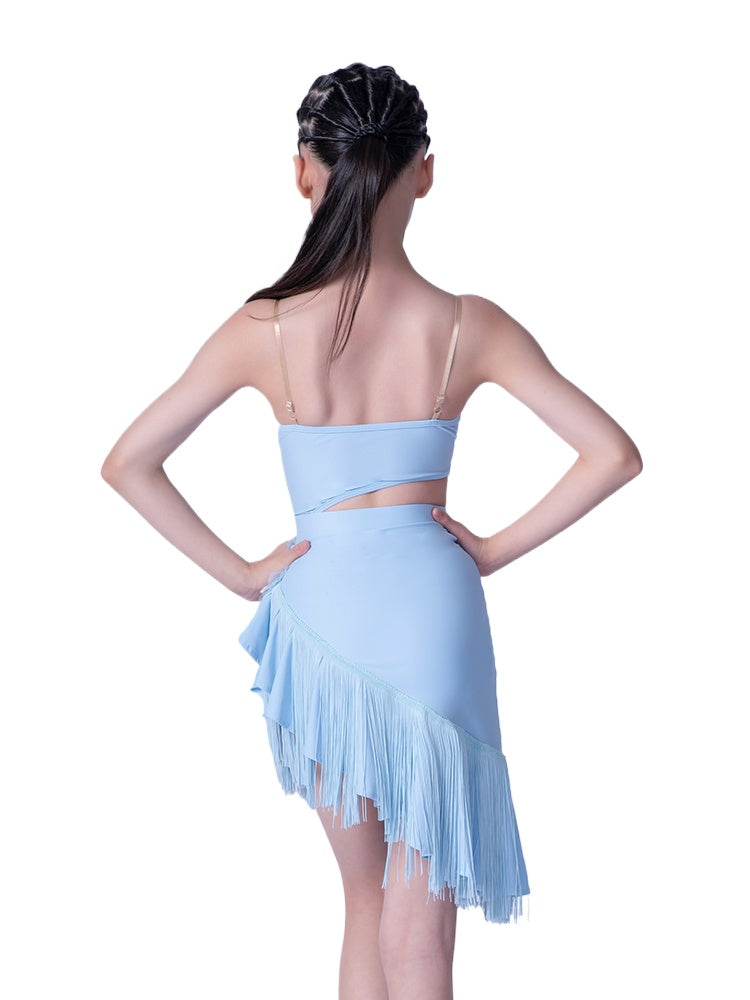 Girls Light Blue Flowers Fringe Latin Dance Dresses Slant Neck Salsa Rumba Cha Cha  Dance Costumes for Kids - Moderndancedress.com
