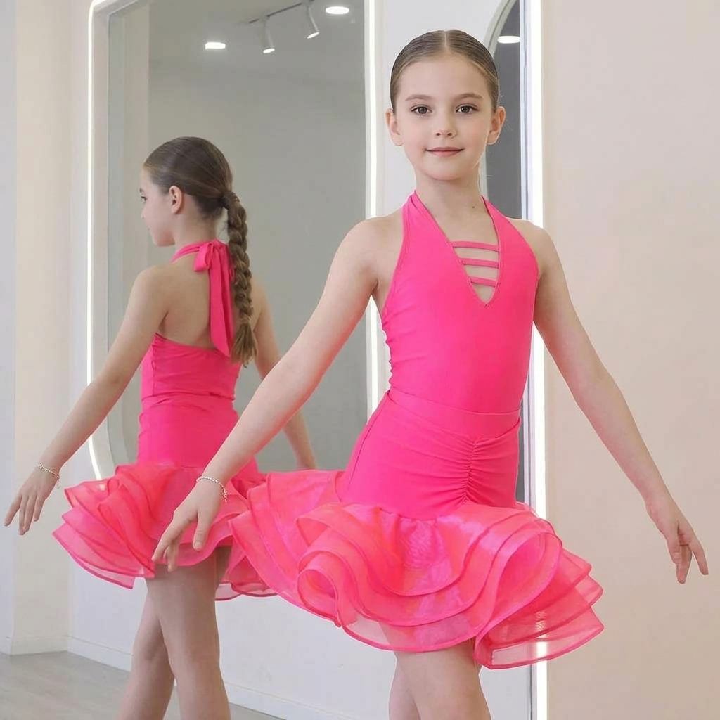 Aqua Blue Girls Latin Dance Dress | Professional Kids Ballroom Competition Halter Ruffle Outfit
