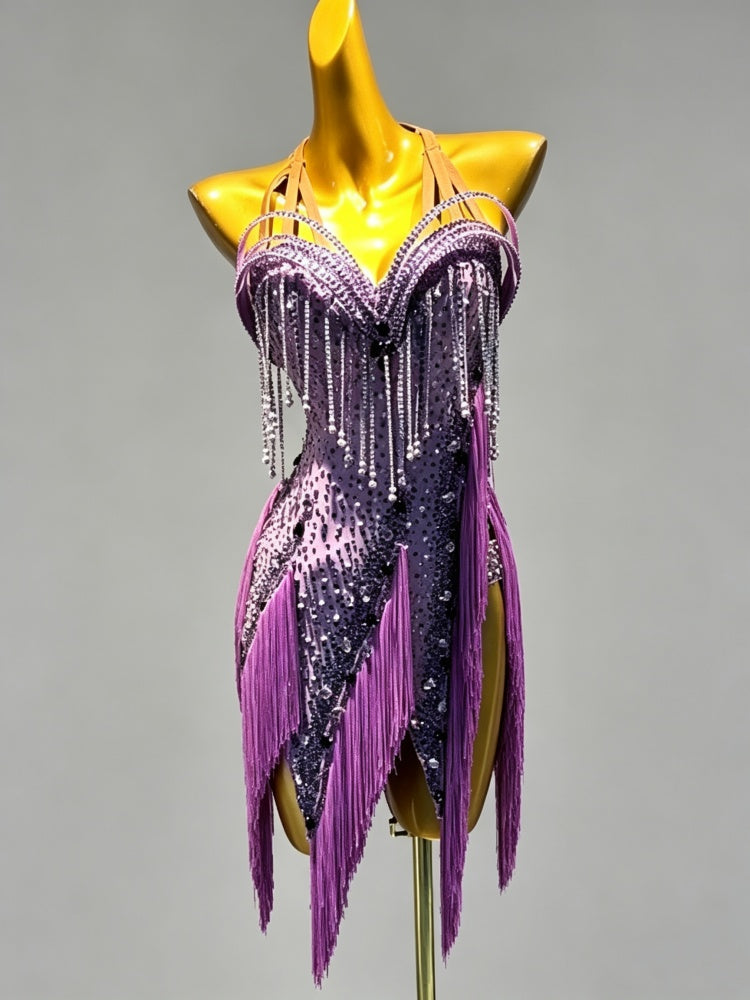Custom Purple Fringe Latin Dance Dress - Sparkly Rhinestone Rhythm Competition Gown