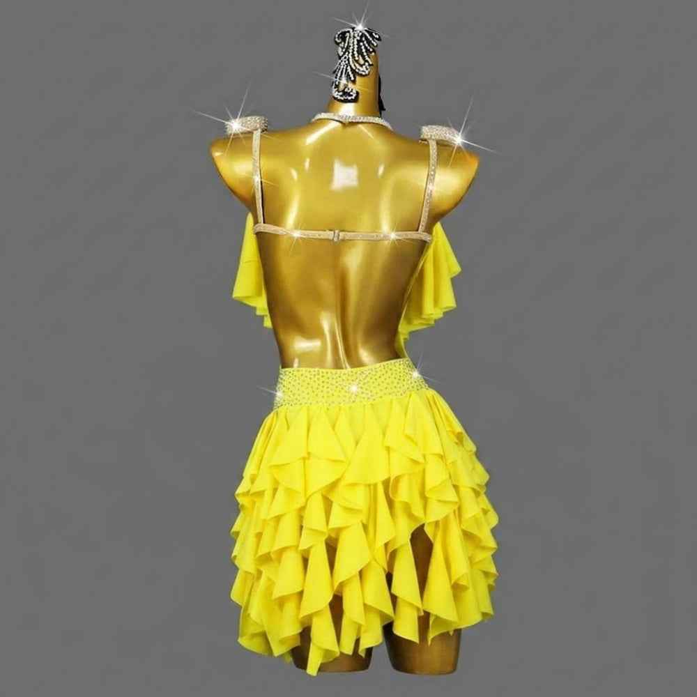 Custom Size Yellow Ruffles Latin Dance Dress for Women Girls Kids Salsa Chacha Performance Costume