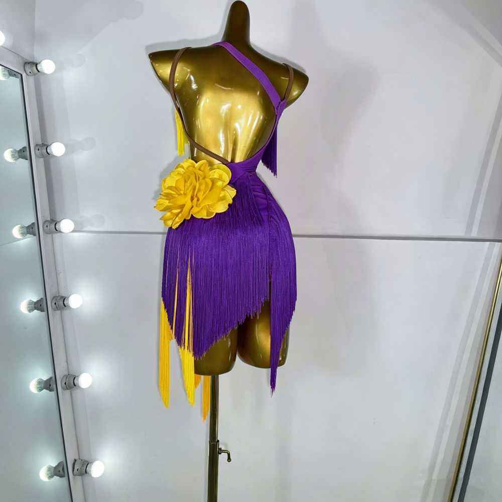 Custom Size Purple with Yellow Competition Fringe Latin Dance Dress Blackpool Pool Performance Costumes