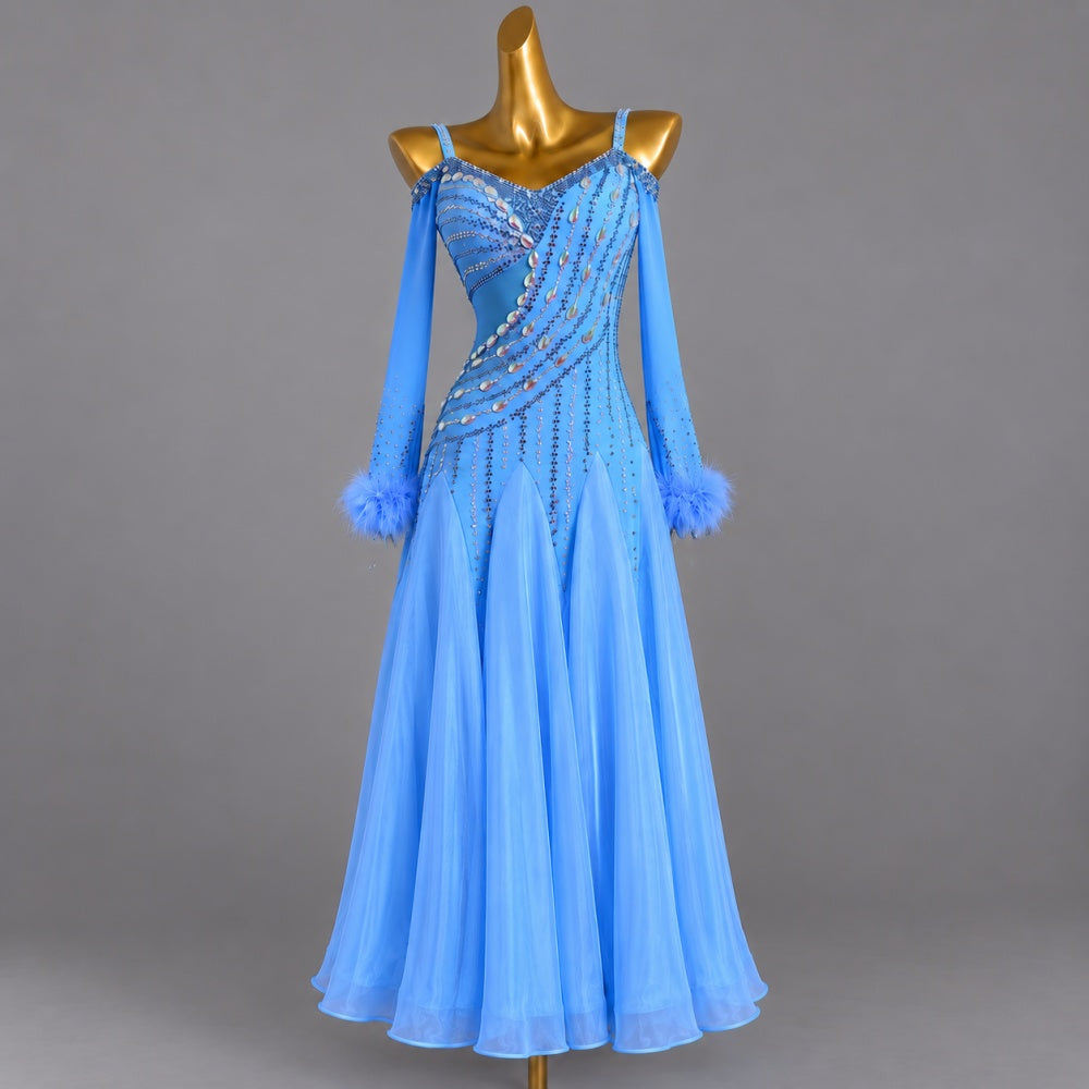 Custom American Smooth Dress Blue Competition Ballroom Dance Gown