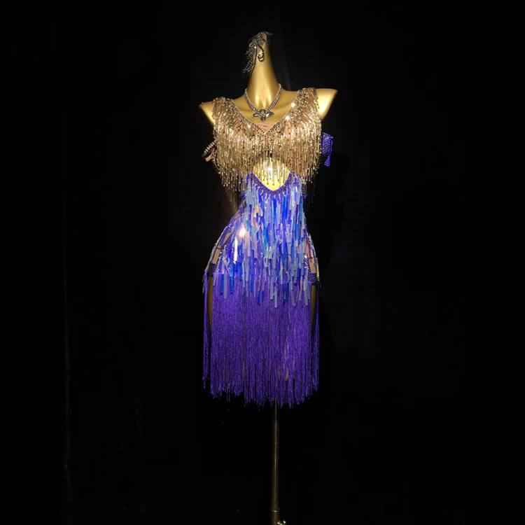 Custom Size Purple Latin Dance Dresses Hand-sewn Bling Fringe Competition Salsa Rumba Blackpool Dance Costumes