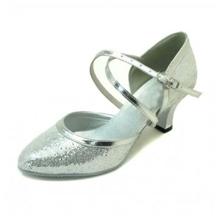 Turquoise Sequins latin ballroom dancing shoes soft rubber sole mid-heel waltz tango foxtrot smooth dance shoes for female - Moderndancedress.com