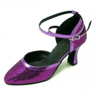 Turquoise Sequins latin ballroom dancing shoes soft rubber sole mid-heel waltz tango foxtrot smooth dance shoes for female - Moderndancedress.com