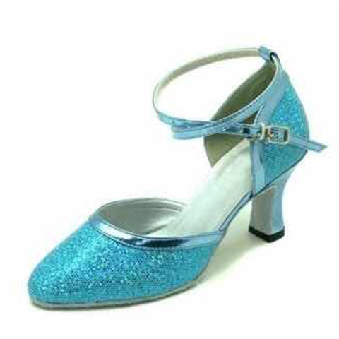Turquoise Sequins latin ballroom dancing shoes soft rubber sole mid-heel waltz tango foxtrot smooth dance shoes for female - Moderndancedress.com