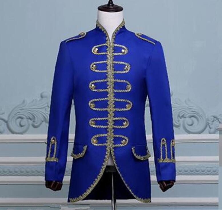 blue black white suit male dancer singer dress performance show nightclub Blazer Outdoors Slim wear groom prom(jacket+pants) - Moderndancedress.com