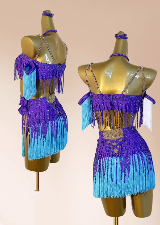 Custom Size Latin Dance Dresses Purple Blue Women Girls Competition Salsa Ballroom Solo Latin Dance Competition Costumes