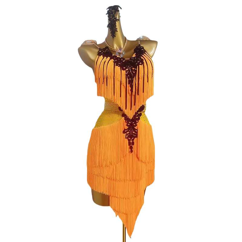 Custom Size Orange Fringe Competition Latin Dance Dresses for Women Girls Salsa Rumba Chacha Blackpool Dancingh Performance Clothing - Moderndancedress.com