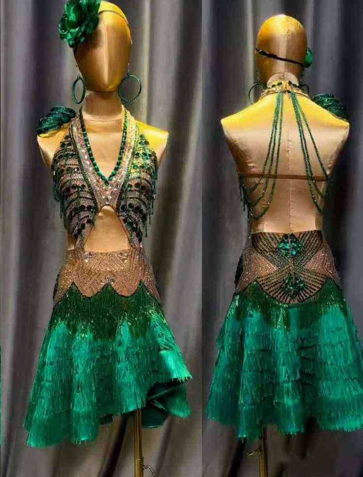 Custom Size Women's Green Latin Dance Dress Competition Bling Fringe Chacha Rumba Clothing