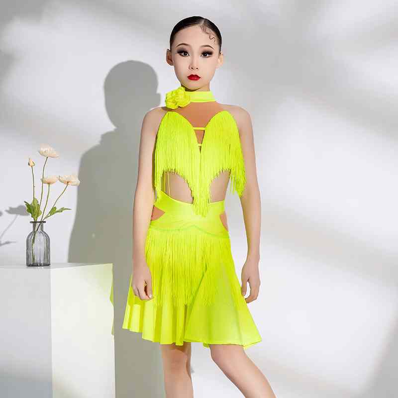 Green Purple Orange Tassels Latin Dance Performance Dresses for Girls Kids Studio Salsa Latin Chacha Ballroom Performance Outfits for Children - Moderndancedress.com