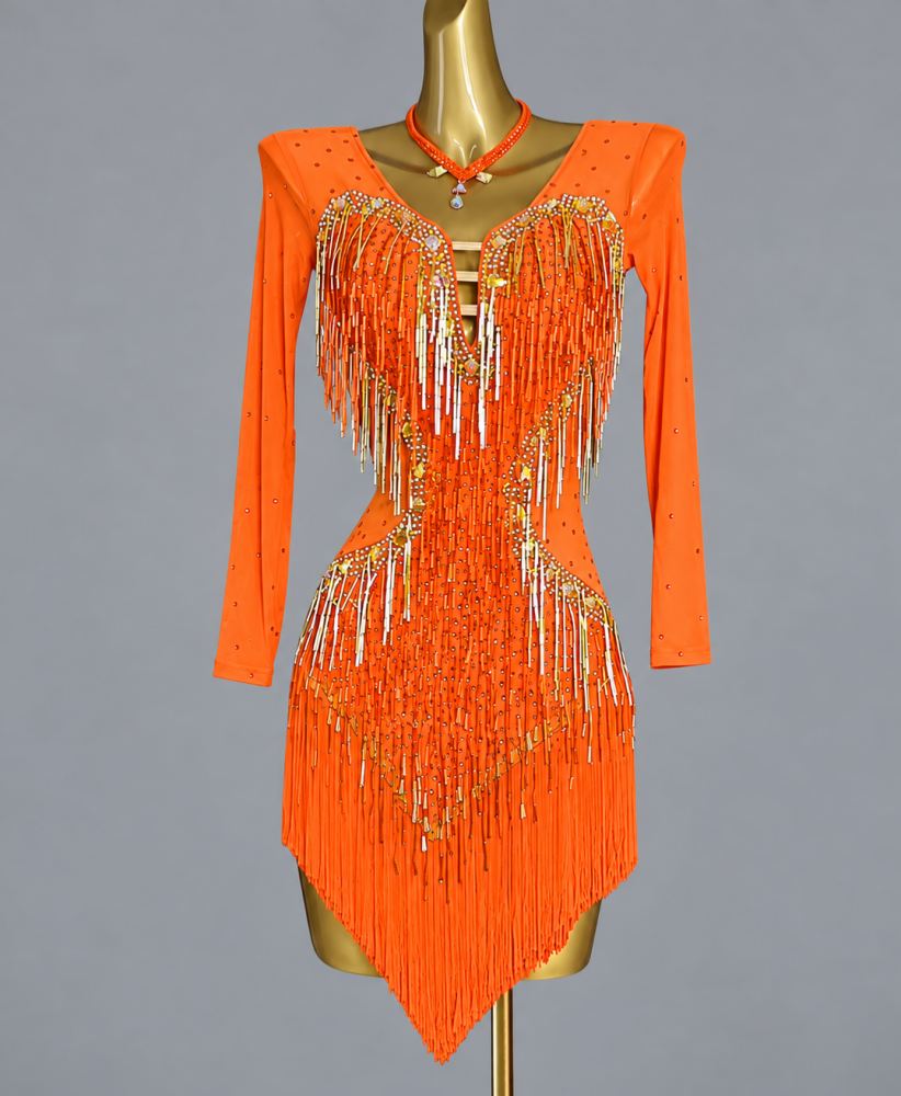 Custom Royal Blue Long Sleeve Latin Dance Dress with Gold Rhinestone Fringe