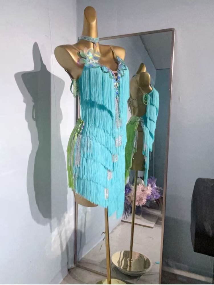 Custom Size Turquoise Green Competition Latin Dance Dresses for Women Girls Salsa Chacha Rumba Fringed Dance Wear