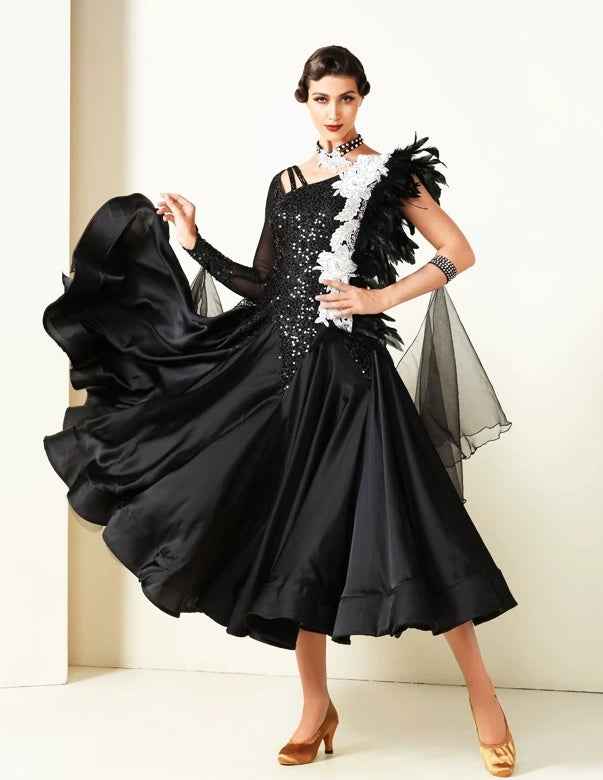 Custom Size Black Sequin Feather Competition Ballroom Dance Dress Glitter Waltz Tango Gown
