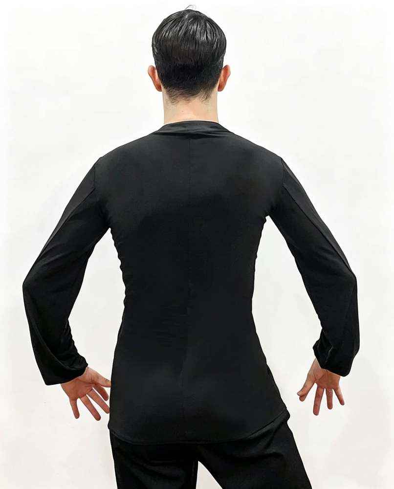 Professional Men's Black Stretchy Latin Dance Shirt with Satin Tuxedo Lapel