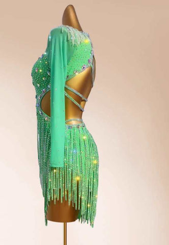 Custom size green fringed rhinestones Latin dance dress for women girls kids children salsa rumba chacha dance solo dance flower clothes blackpool art clothes - Moderndancedress.com