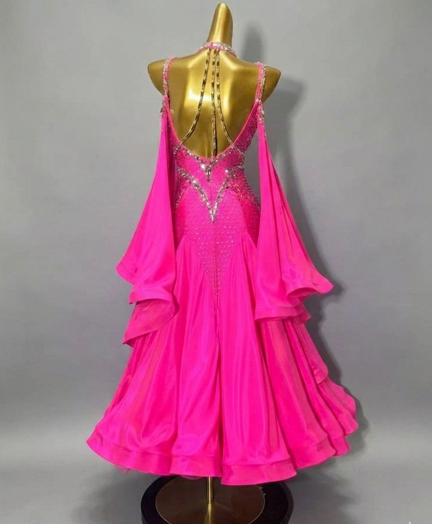 Custom Size Turquoise Fuchsia Crystal Ballroom Dance Dress for Women Waltz Smooth Dance Gown