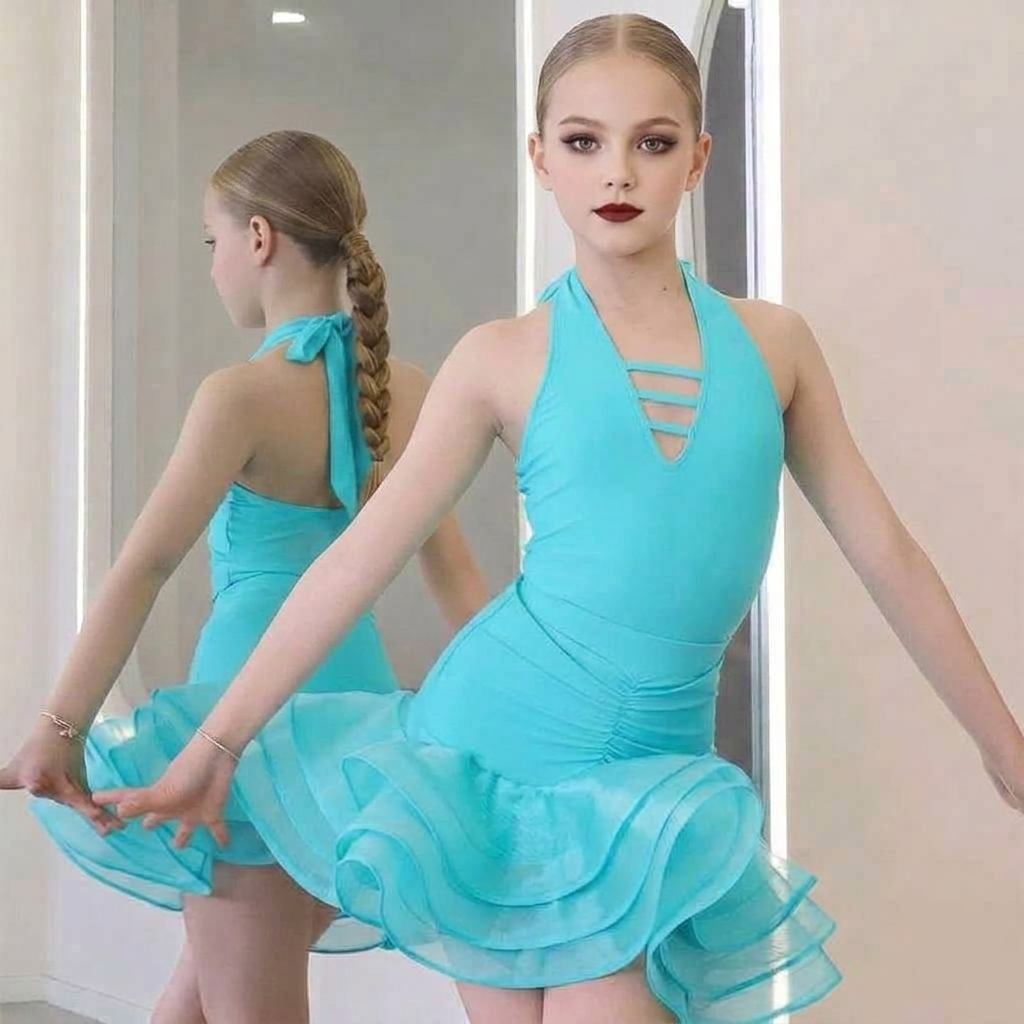 Aqua Blue Girls Latin Dance Dress | Professional Kids Ballroom Competition Halter Ruffle Outfit