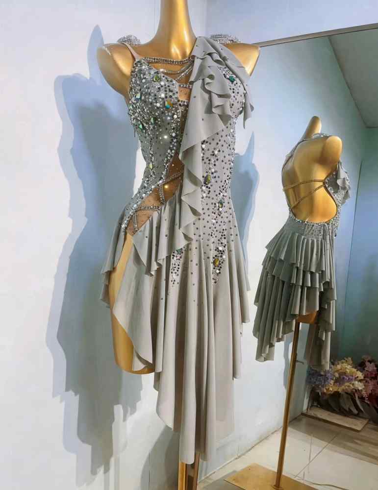 Custom Size Silver Grey Ruffles Competition Latin Dance Dress Flowy Salsa Chacha Dance Costumes