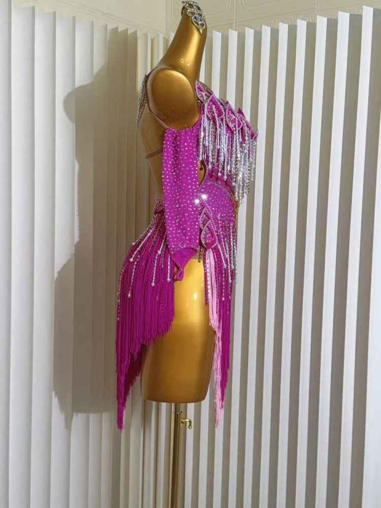Customized Size Fuchsia Latin Dance Dress Salsa Cha Cha Dance Costumes