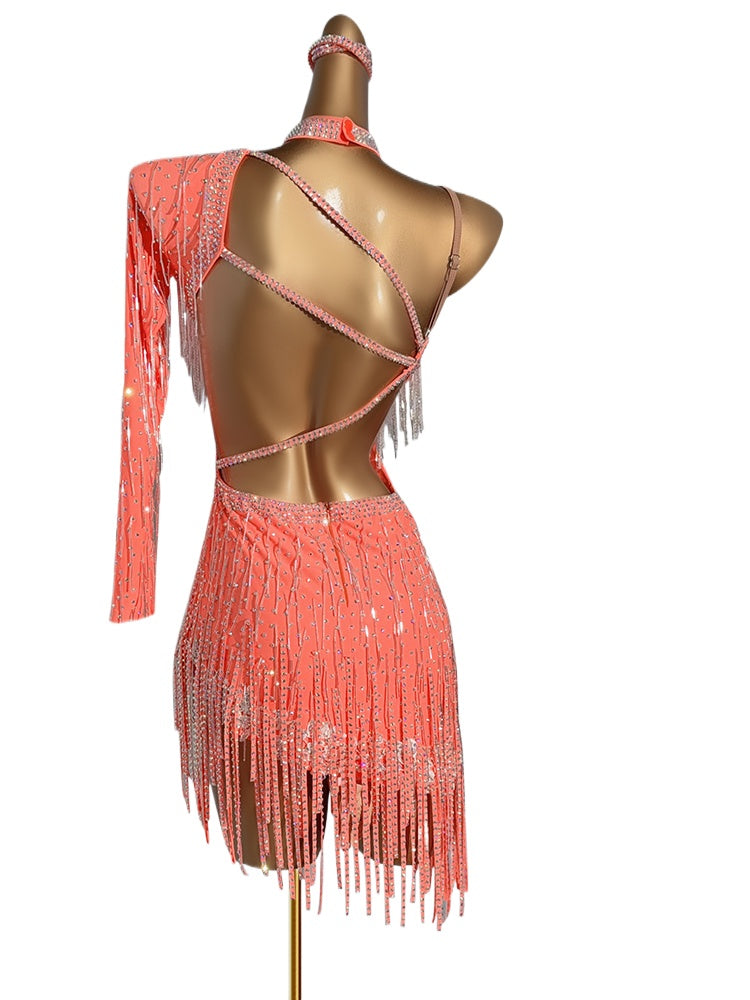 Custom Size Orange Pink Competition Fringe Latin Dance Dresses for Women Girls Salsa Rumba Blackpool Dance Wear - Moderndancedress.com