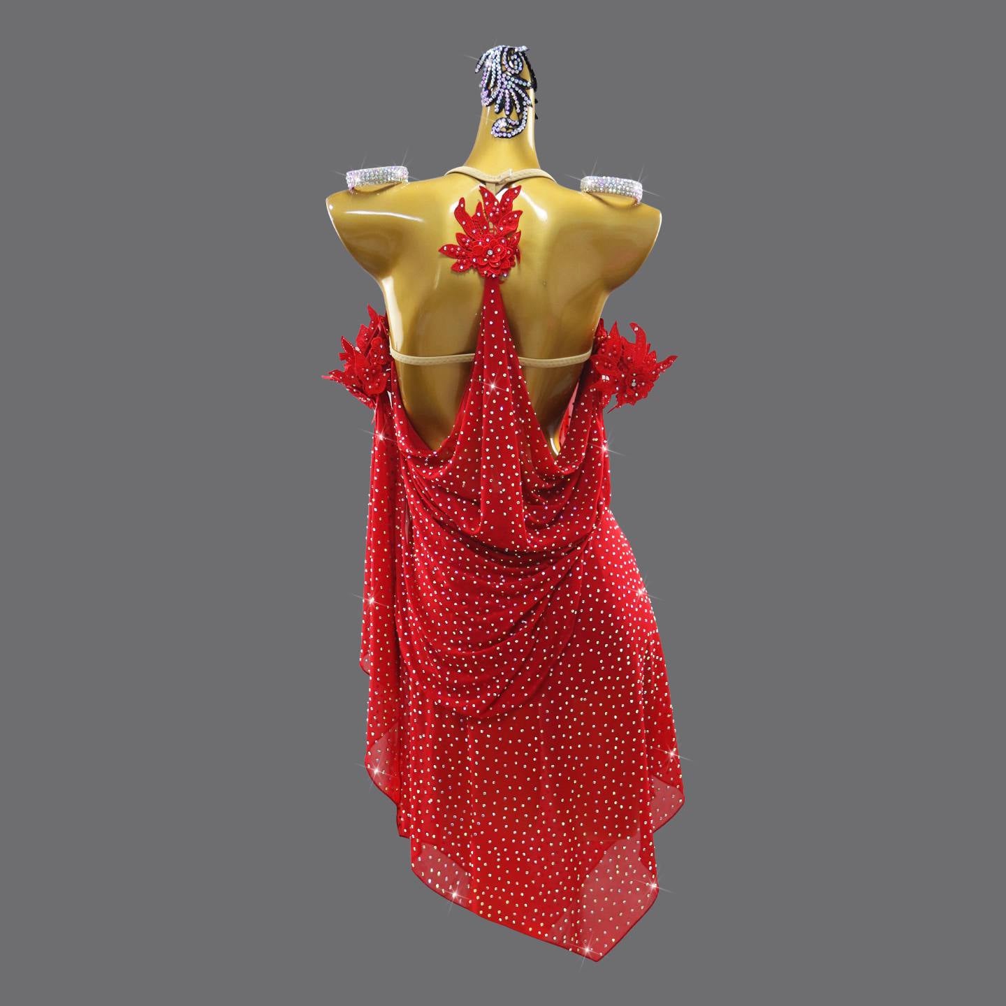 Custom Size Red Competition Latin Dance Dresses for Women Flowy Bling Salsa Rumba Chacha Performance Costumes