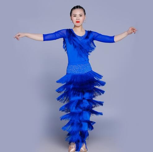 Sexy Latin Dance Suit For Ladies Blue Red Black Original Tassel Shirt Women Perform Tops Professional Flamenco Garments - Moderndancedress.com