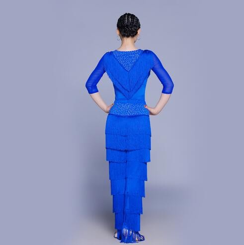 Sexy Latin Dance Suit For Ladies Blue Red Black Original Tassel Shirt Women Perform Tops Professional Flamenco Garments - Moderndancedress.com