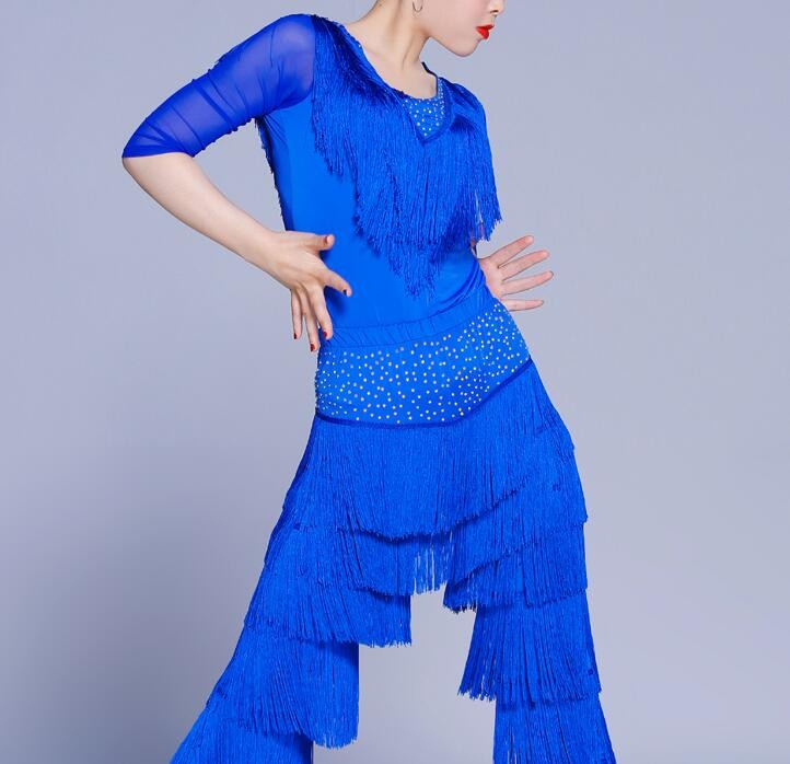 Sexy Latin Dance Suit For Ladies Blue Red Black Original Tassel Shirt Women Perform Tops Professional Flamenco Garments - Moderndancedress.com