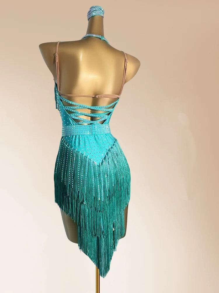 Custom Size Orange Fringe Competition Latin Dress with Crystal Rhinestones Salsa Chacha Performance Clothing