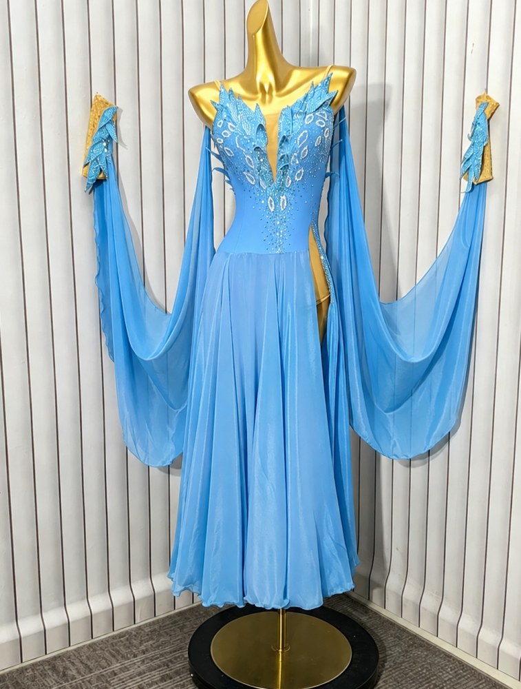 Custom Blue American Smooth Ballroom Dance Dress with Floating Sleeves | Crystal Gown