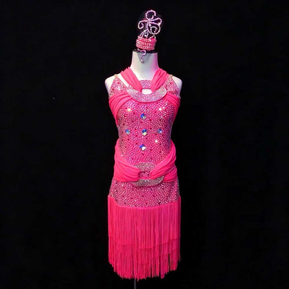 Custom Turquoise Halter Latin Performance Dress - Hot Pink Coral Crystal Ring Dancewear