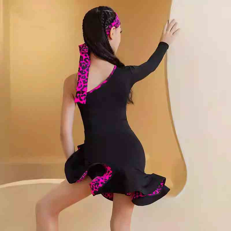 One shoulder fuchsia leopard Latin dance dresses for kids girls children slant neck long sleeves latin salsa rumba chacha performance costumes - Moderndancedress.com