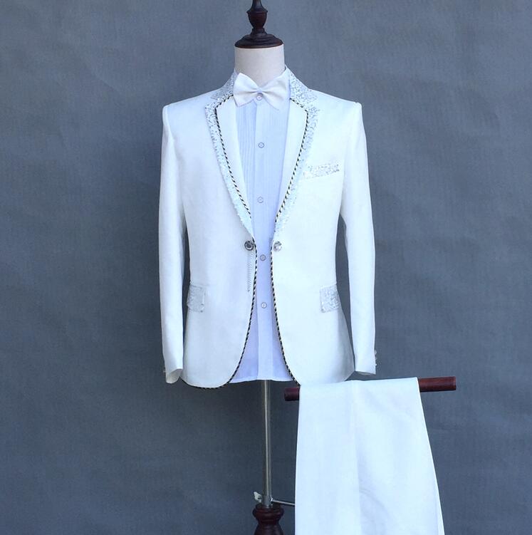 (Jacket+pants) Formal Male slim suits Wedding Groom Party Dress Host singer stage performance Costumes White Sequins Blazer sets - Moderndancedress.com