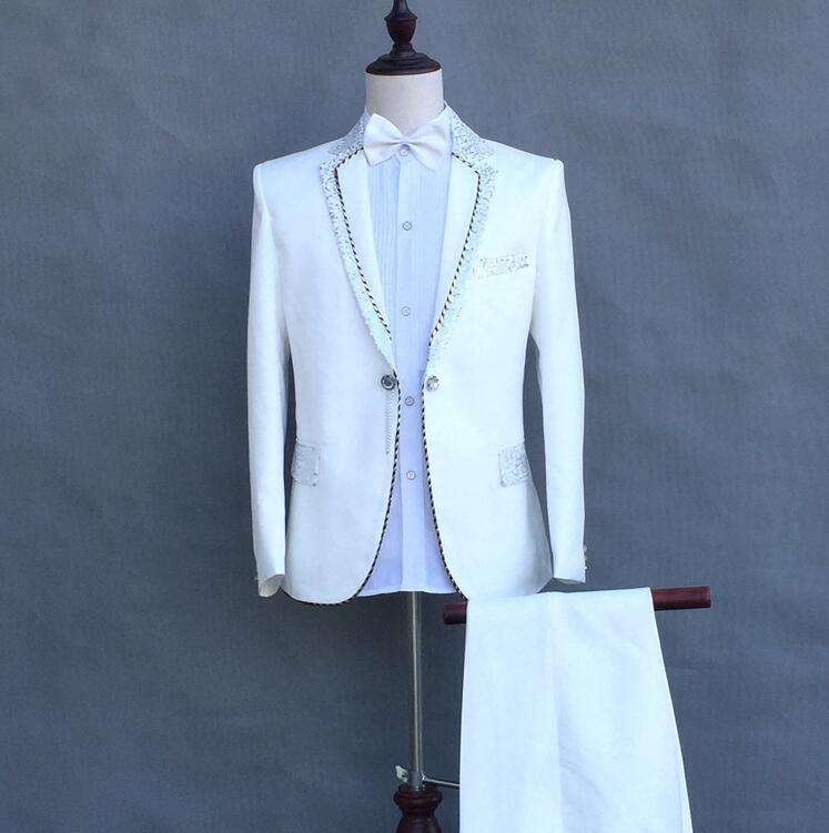 (Jacket+pants) Formal Male slim suits Wedding Groom Party Dress Host singer stage performance Costumes White Sequins Blazer sets