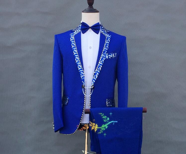 (Jacket+pants) Formal Male slim suits Wedding Groom Party Dress Host singer stage performance Costumes White Sequins Blazer sets - Moderndancedress.com
