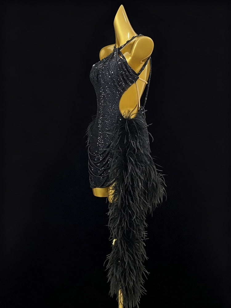 Custom Size Black Ostrich Feather Latin Dress - Luxury Rhinestone Competition Wear