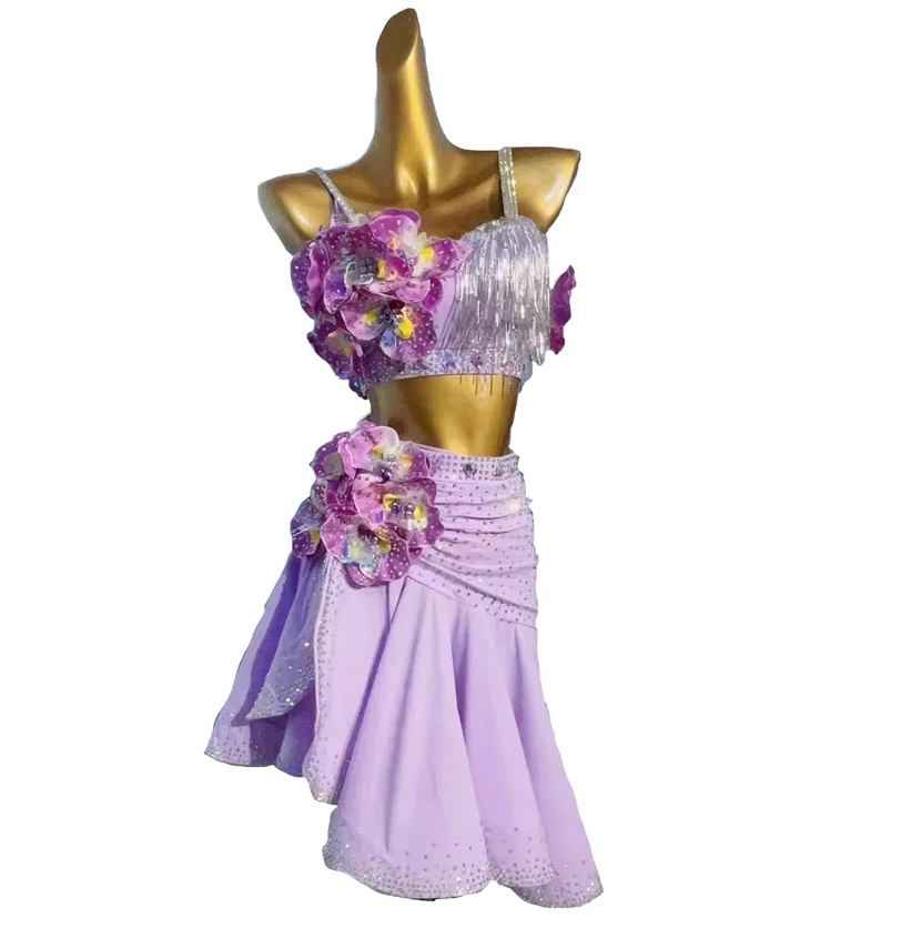 Custom Size Lavender 3D Floral Latin Dance Dress Hand-Made Rhinestone Salsa Dress for Professional Dancers
